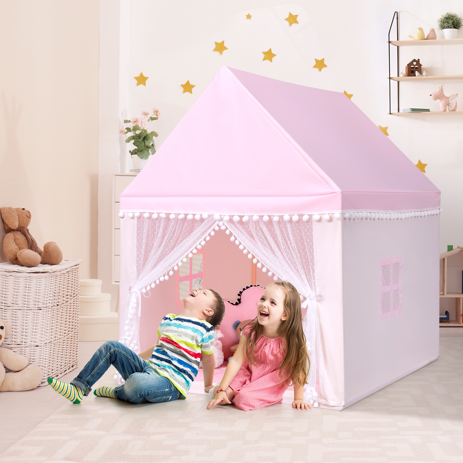 Costway Casetta giocattolo per bambini, Casa grande e resistente con solida struttura di legno Rosa