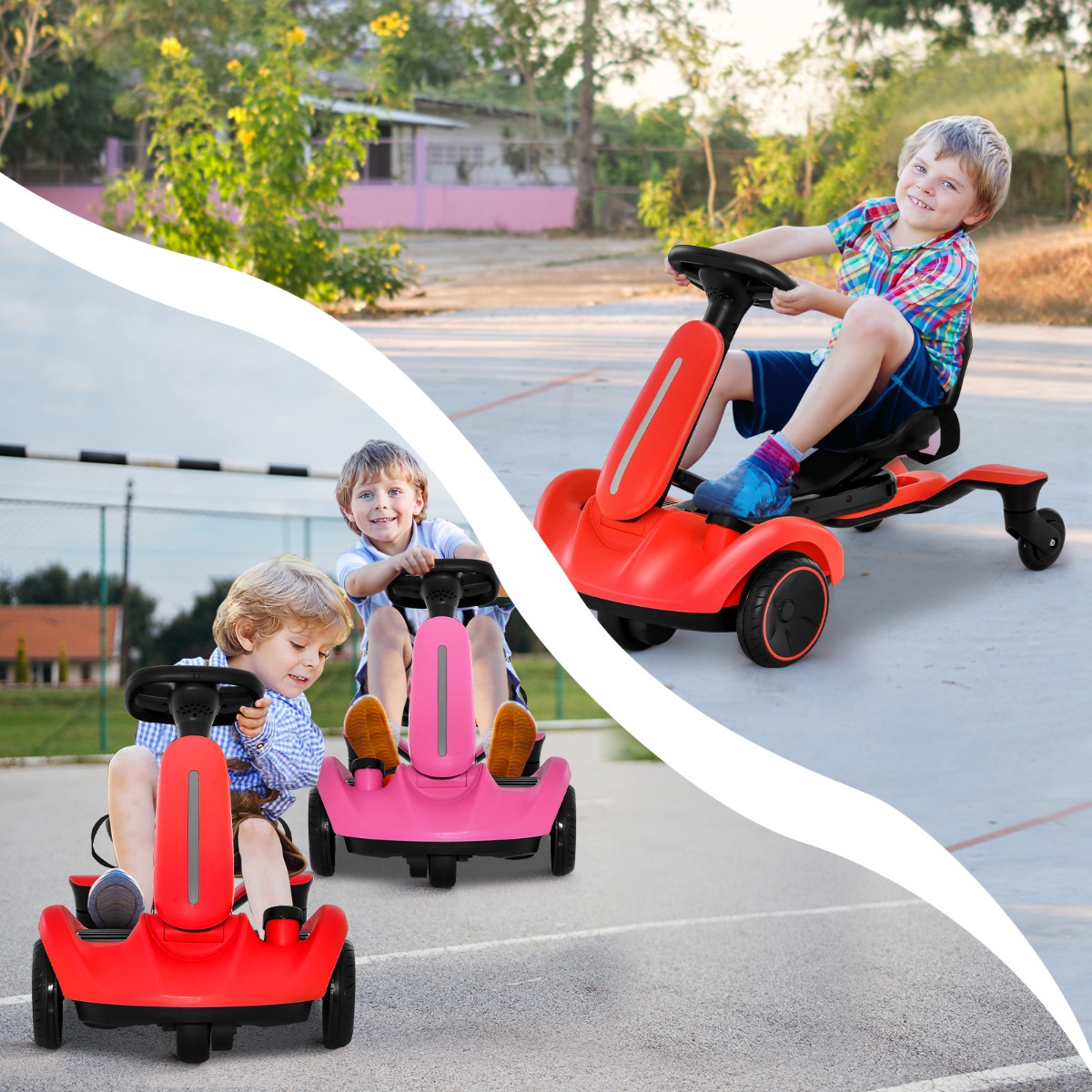 Costway Macchina per bambini 3-8 anni con sedile regolabile su 2 posizioni rotazione a 360°, Go kart elettrico 6V Rosso