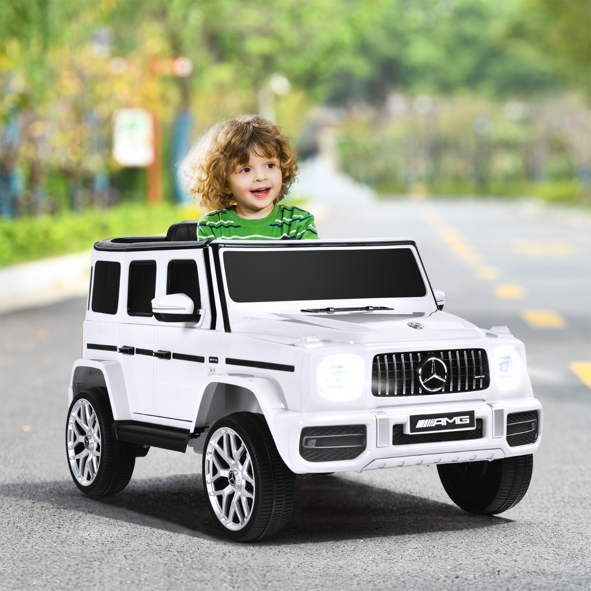 Costway Mercedes-Benz G63 elettrica per bambini con licenza, Macchina giocattolo per bambini 12V con telecomando luci Bianco