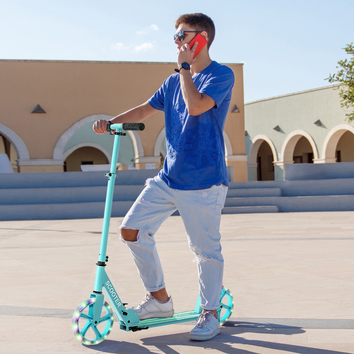 Costway Monopattino per adolescenti e adulti con 2 ruote illuminate con freno carico 110kg, Monopattino pieghevole Verde