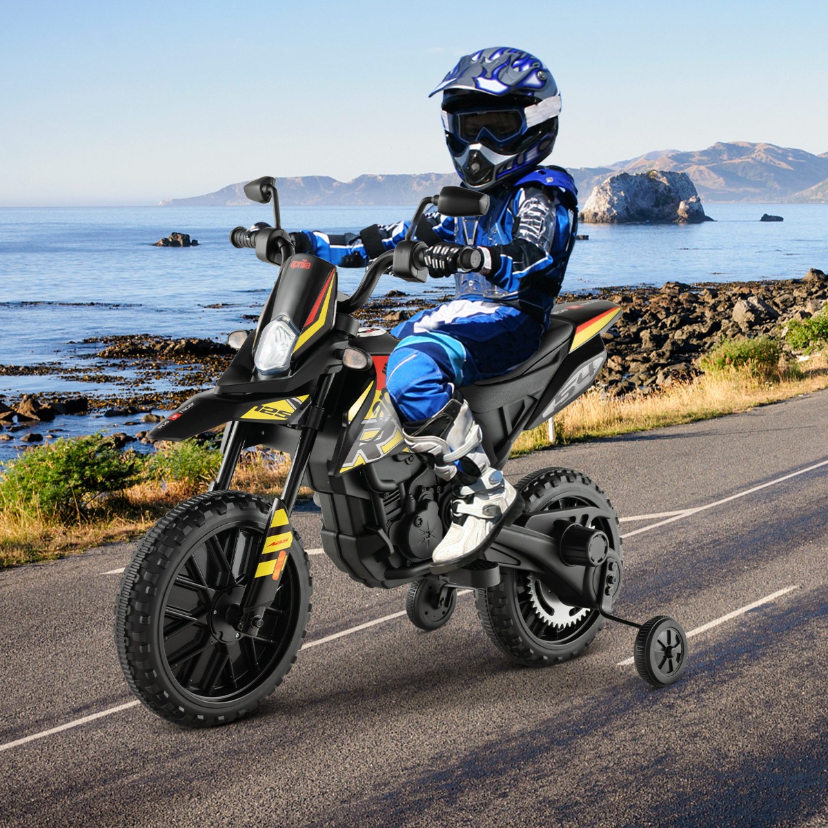 Costway Moto cavalcabile per bambini con licenza aprilia e 2 ruote aggiuntive, Moto elettrica 12V con musica Nero