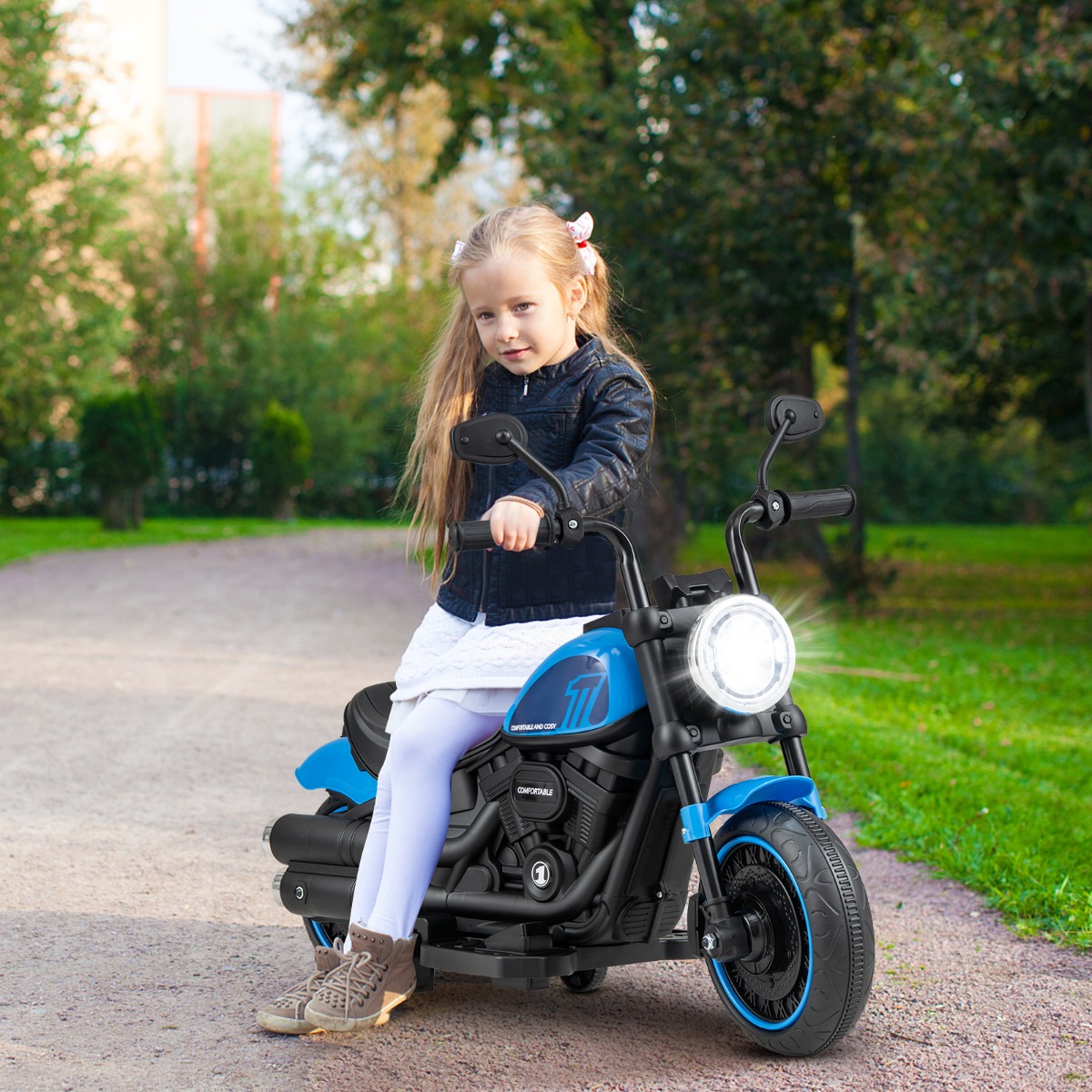 Costway Moto elettrica per bambini con ruote di allenamento fari a LED pneumatici scanalati, Motocicletta a batteria Blu