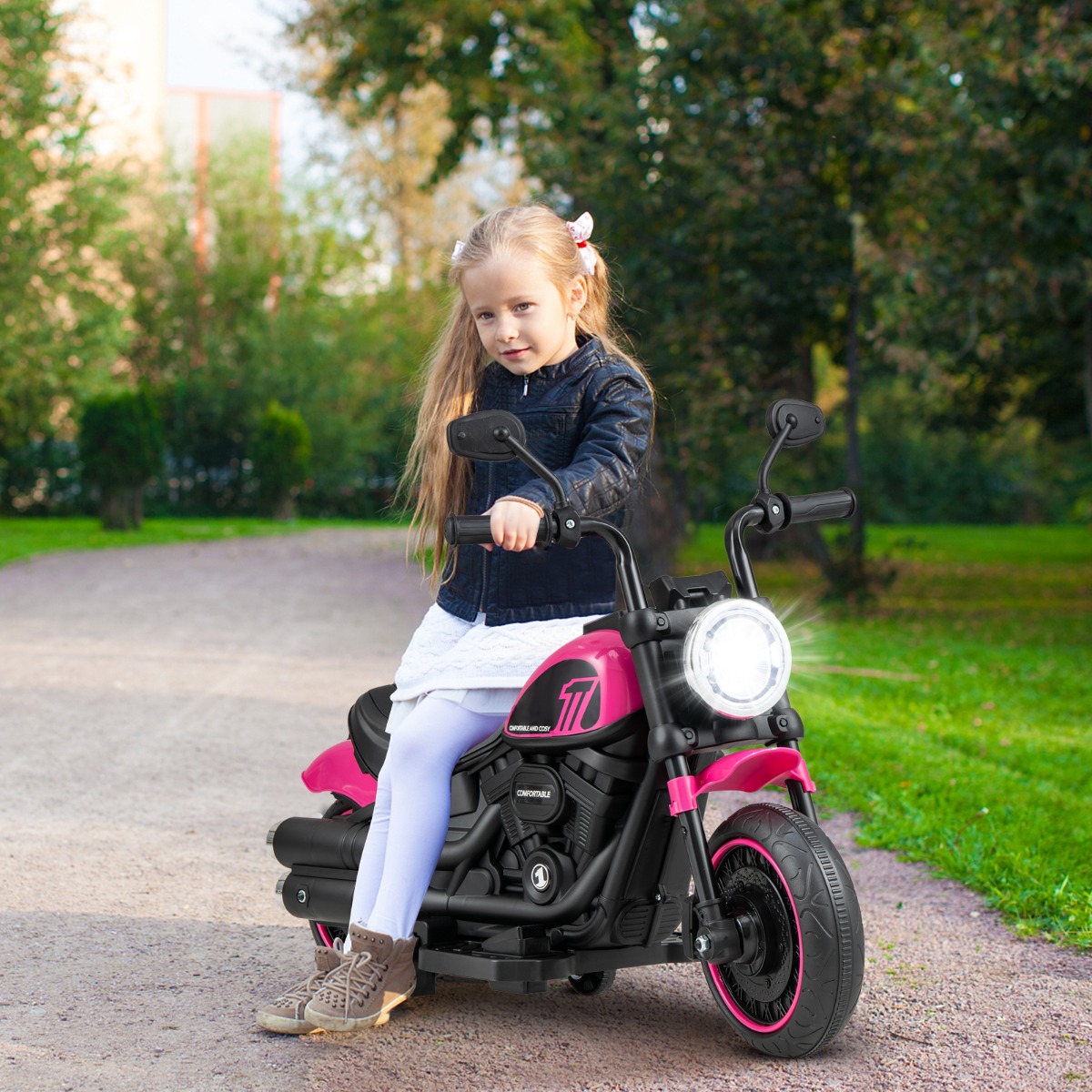 Costway Moto elettrica per bambini con ruote di allenamento fari a LED pneumatici scanalati, Motocicletta a batteria Rosa