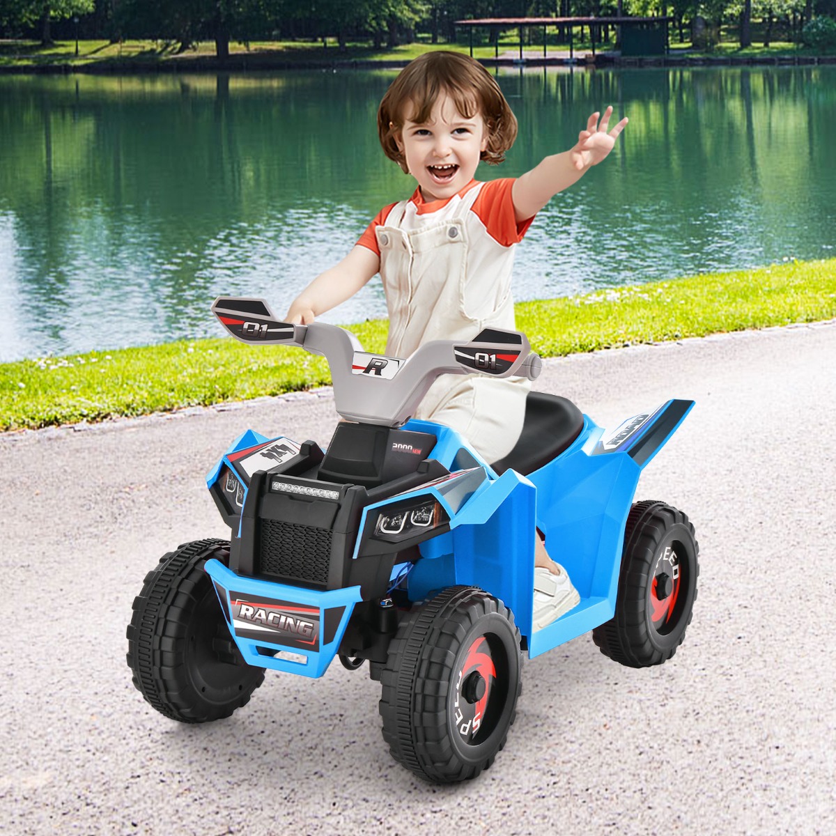 Costway Quad giocattolo elettrico per bambini con controllo della direzione ampio sedile, ATV a 4 ruote a batteria da 6V Blu
