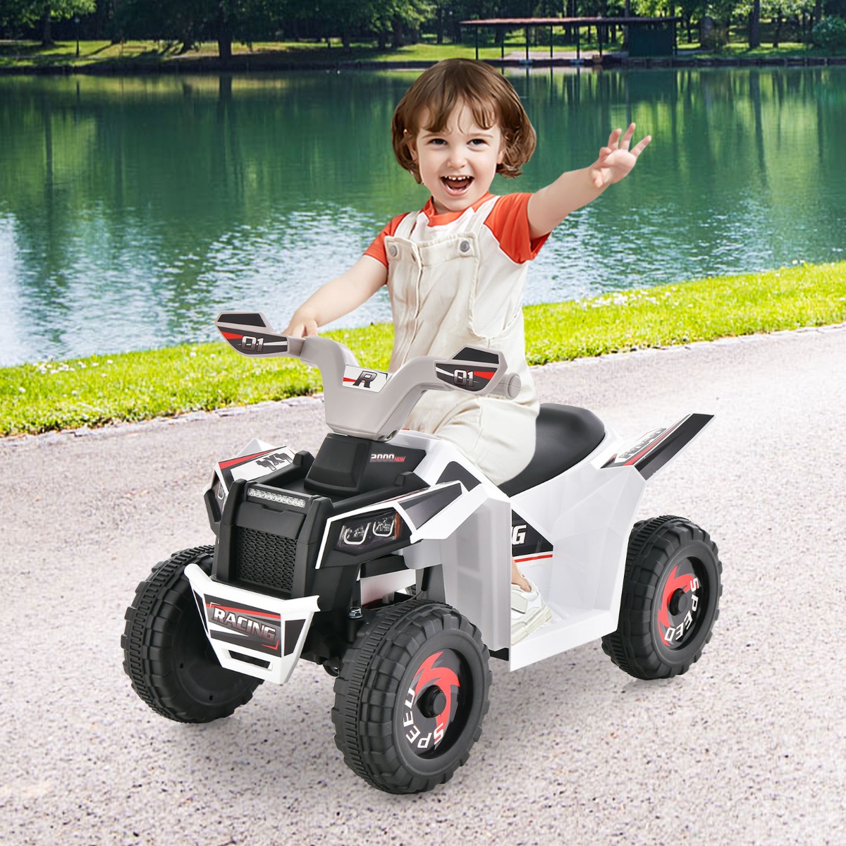Costway Quad giocattolo elettrico per bambini con controllo della direzione ampio sedile, ATV a 4 ruote a batteria da 6V Bianco
