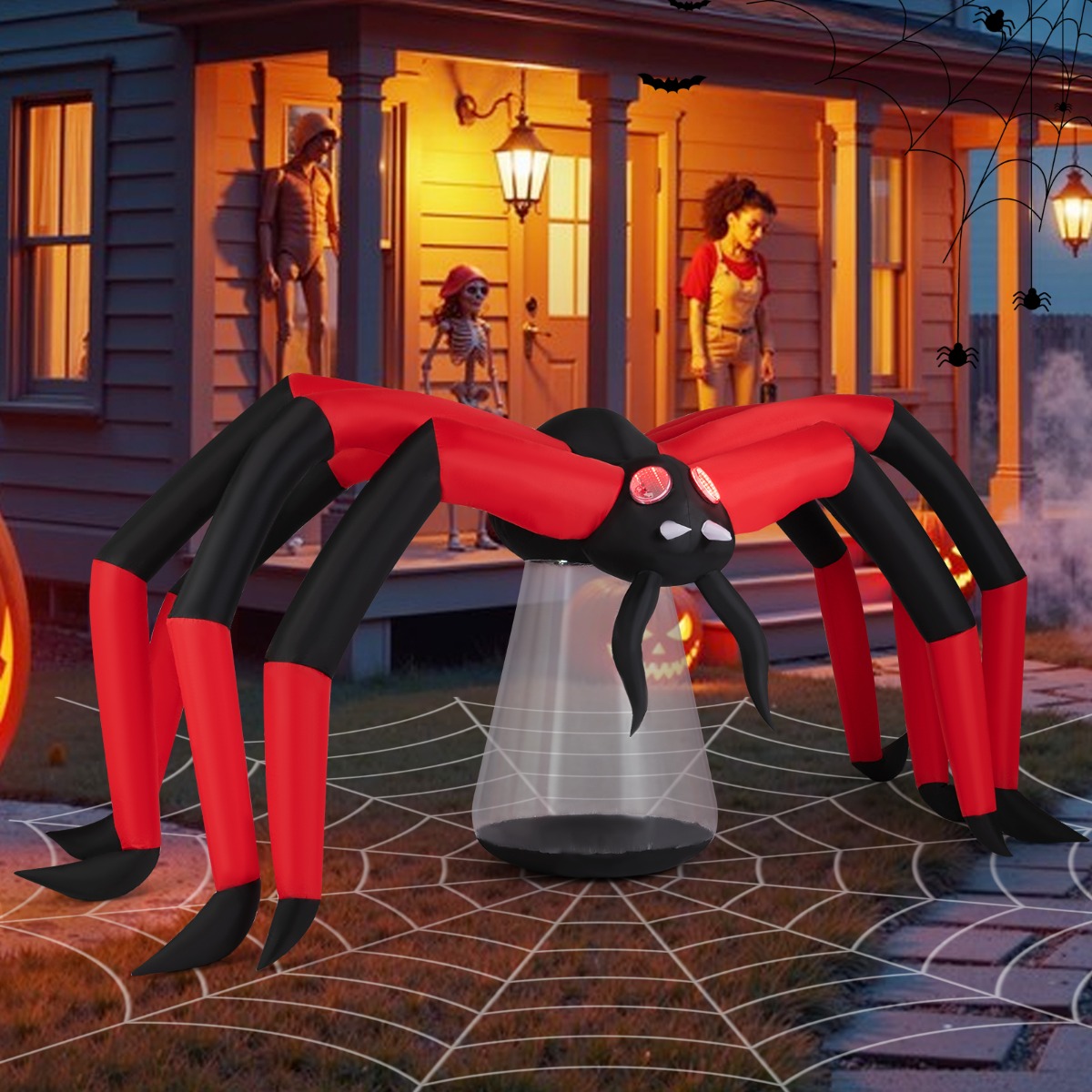Costway Ragno spaventoso gonfiabile per giardino con occhi illuminati a tunnel rossi, Ragno gonfiabile di halloween Nero e rosso