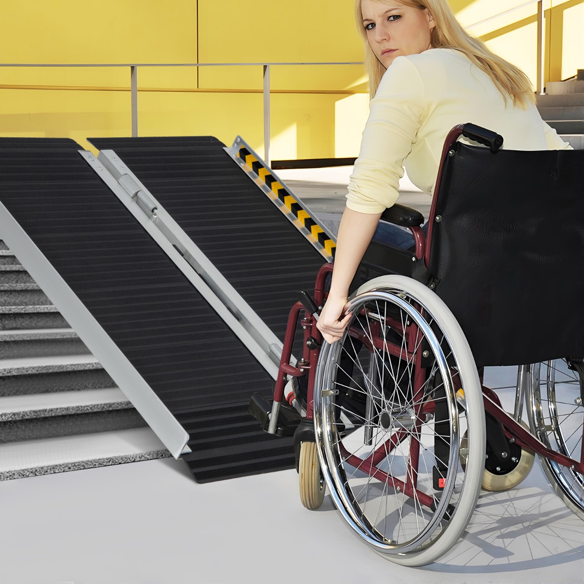 Costway Rampa per carrozzina con piastra di transizione e superficie antiscivolo, Rampa per soglie per gradini 91x74x5,5cm