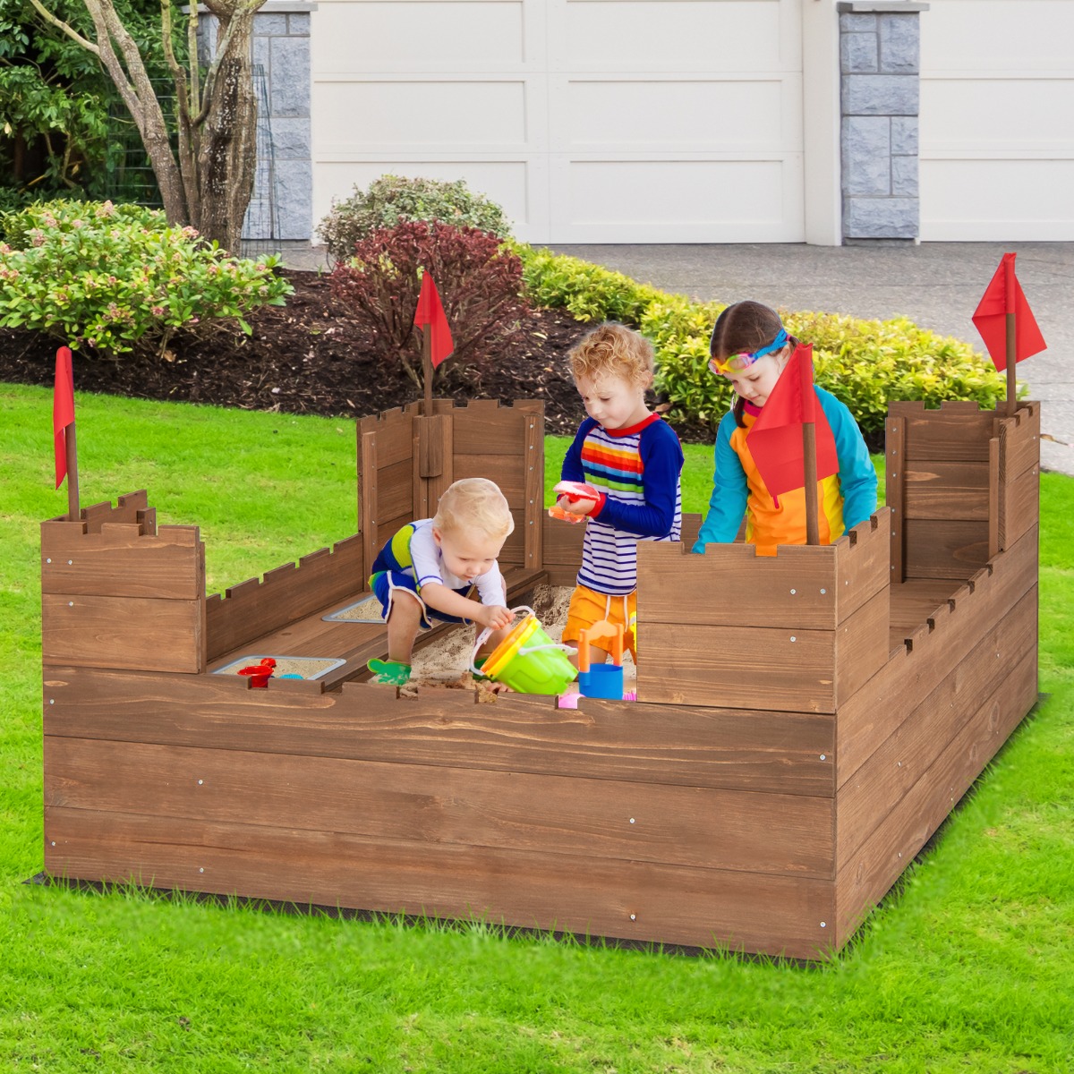 Costway Sabbiera in legno per bambini 3-8 anni con 2 panchinecontenitori e bandierine, Sabbionaia da giardino e spiaggia