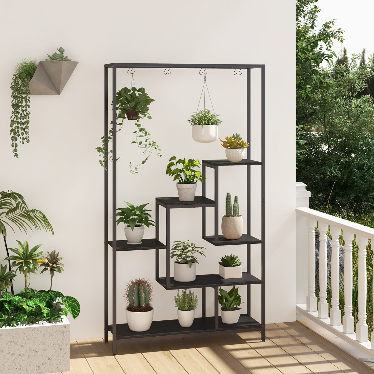 Costway Scaffale per piante 180cm a 6 livelli con 10 ganci e ripiani per piante, Scaffale porta piante in metallo Nero