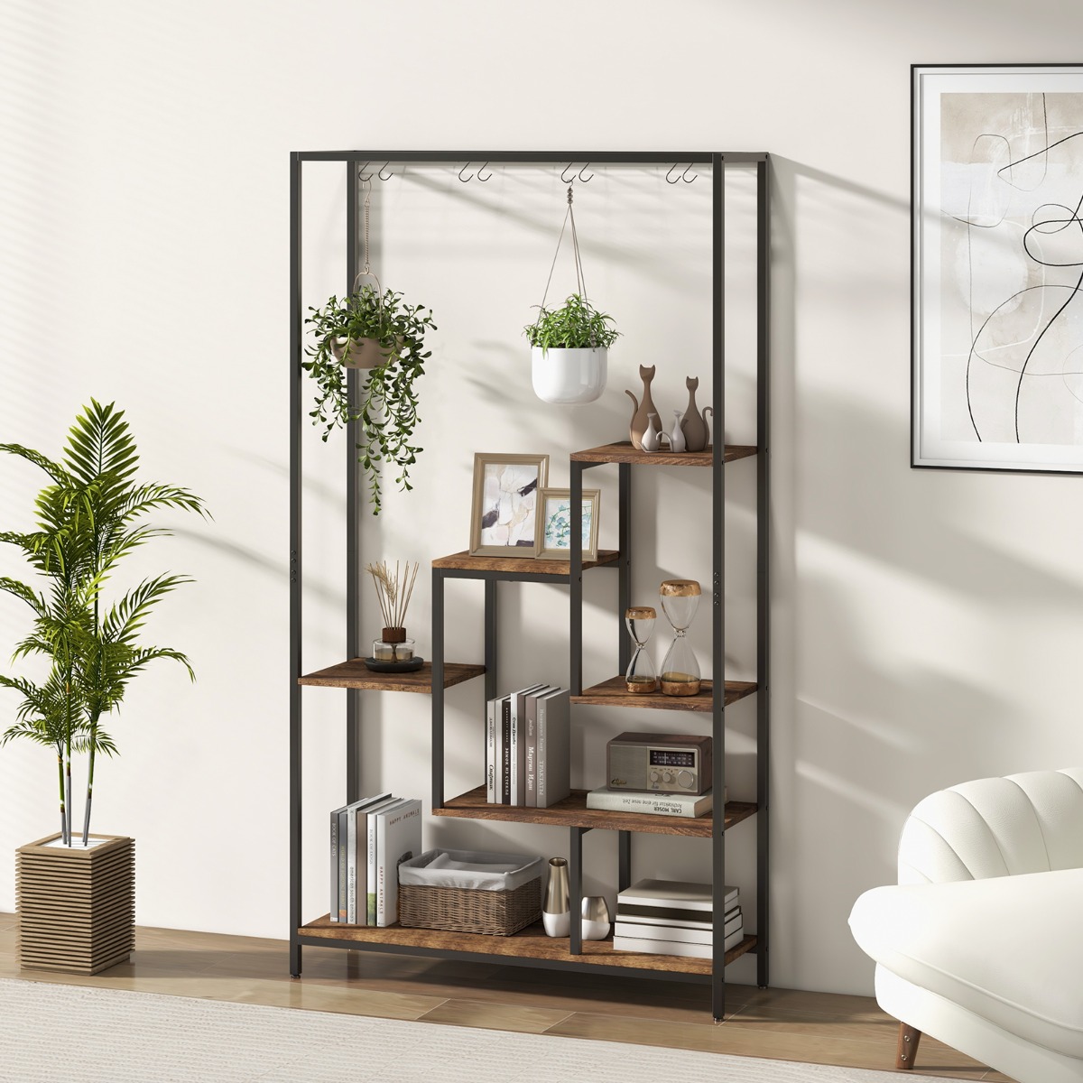 Costway Scaffale per piante 180cm a 6 livelli con 10 ganci e ripiani per piante, Scaffale porta piante in metallo Marrone