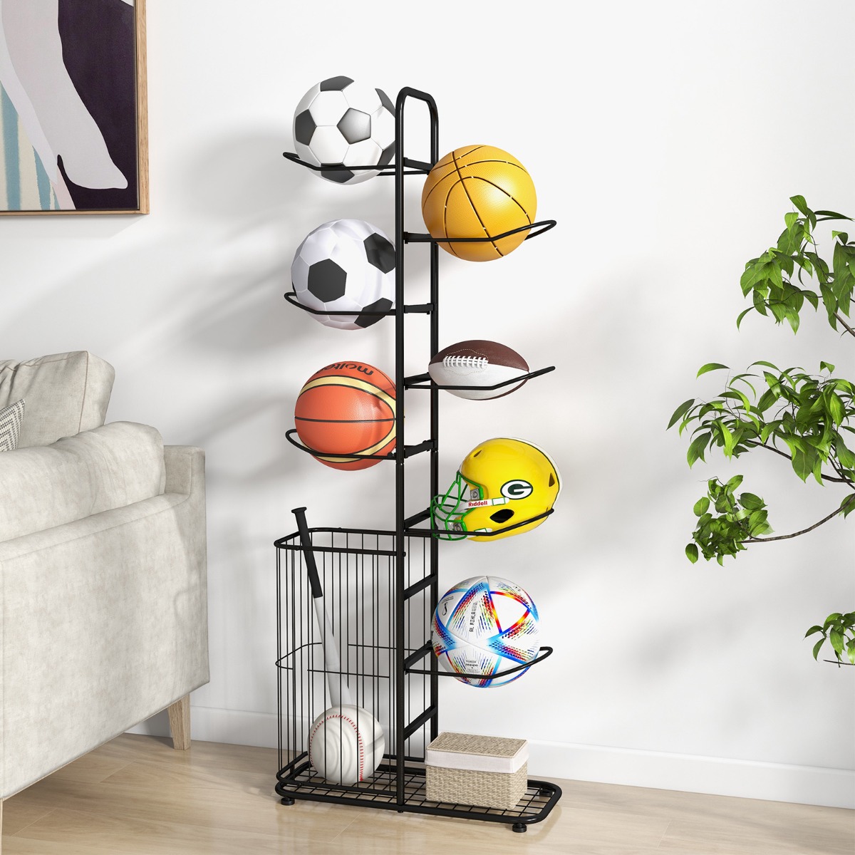 Costway Canestro da basket regolabile e scaffale portapalle a 7 livelli, Canestro da basket portatile e porta pallacanestro in metallo