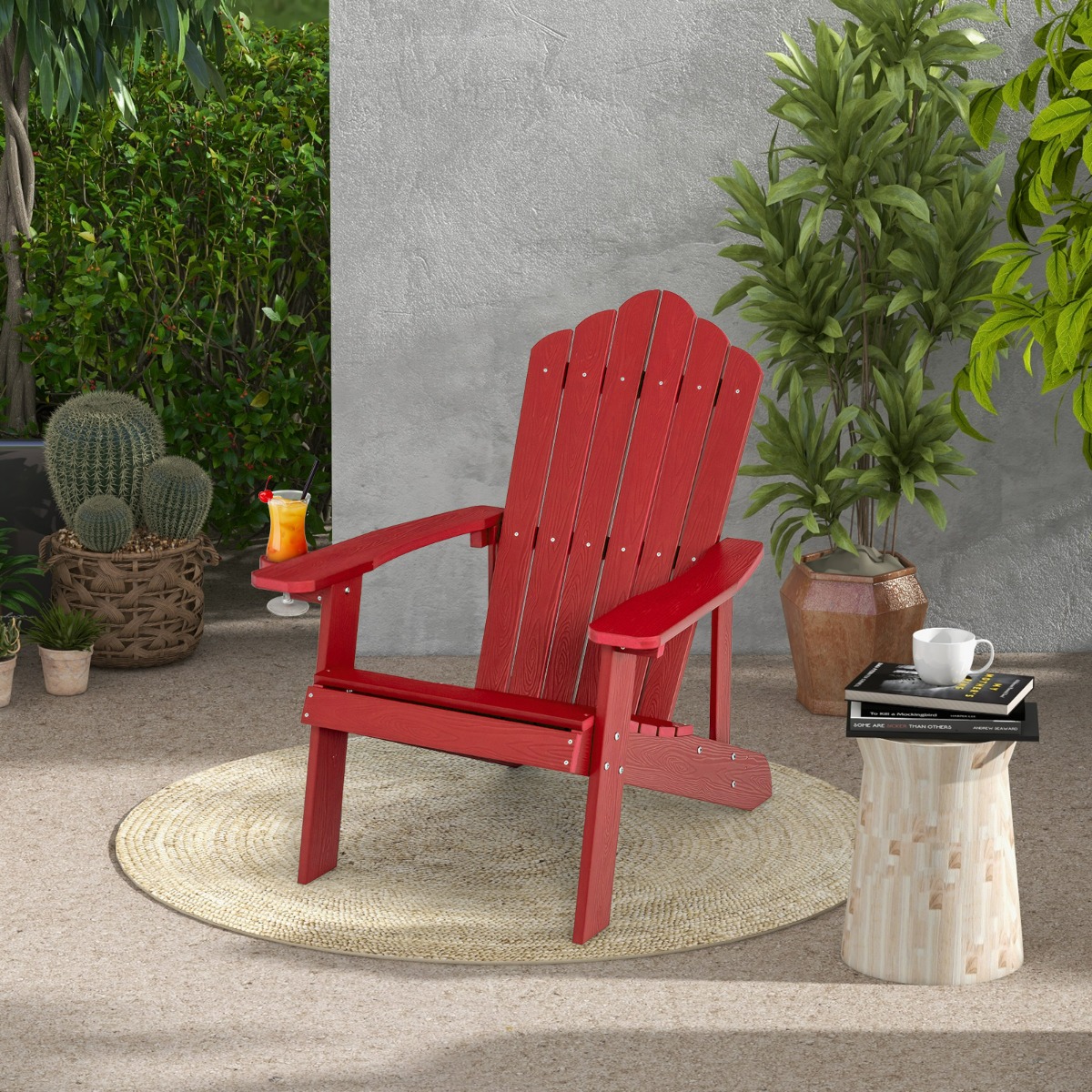 Costway Sedia adirondack da esterno con portabicchieri, Sedia resistente alle intemperie per cortile portata 170kg Rosso