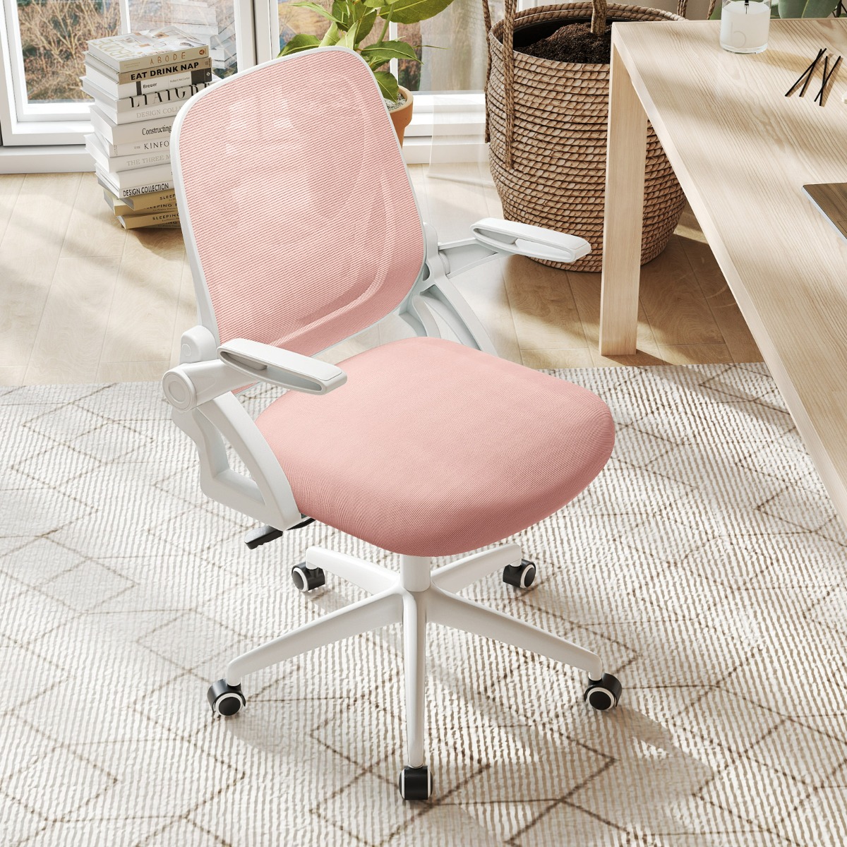 Costway Sedia da scrivania ergonomica in rete con supporto lombare e braccioli ribaltabili, Sedia da lavoro girevole Rosa