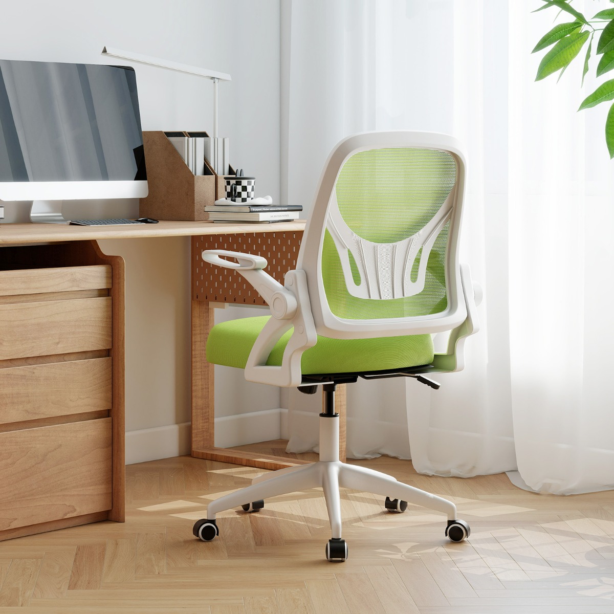 Costway Sedia da scrivania ergonomica in rete con supporto lombare e braccioli ribaltabili, Sedia da lavoro girevole Verde