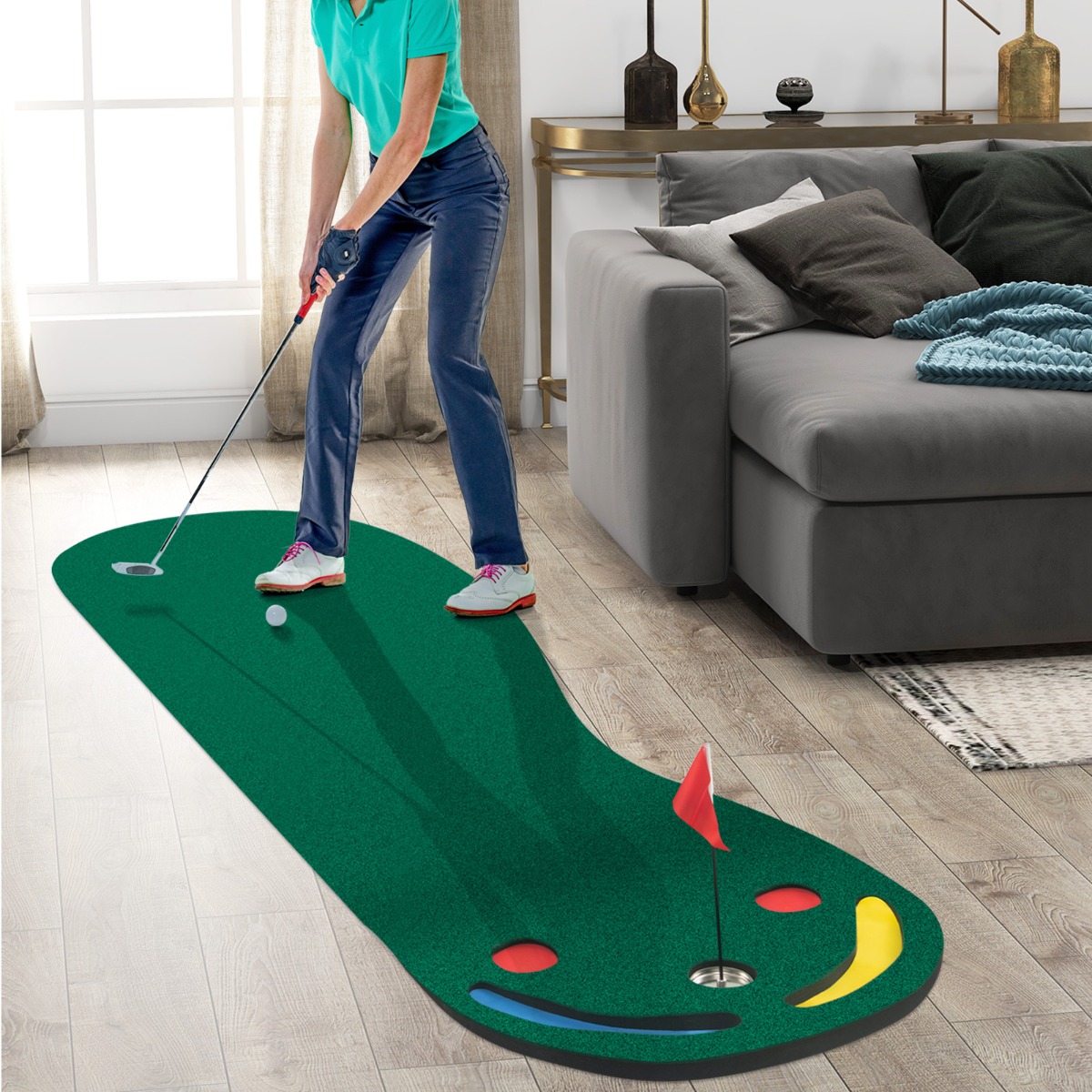 Costway Set di putting da golf con 3 fori per il putting 1 bandierina e coperture per buca da golf, Tappetino da putting 300x96cm