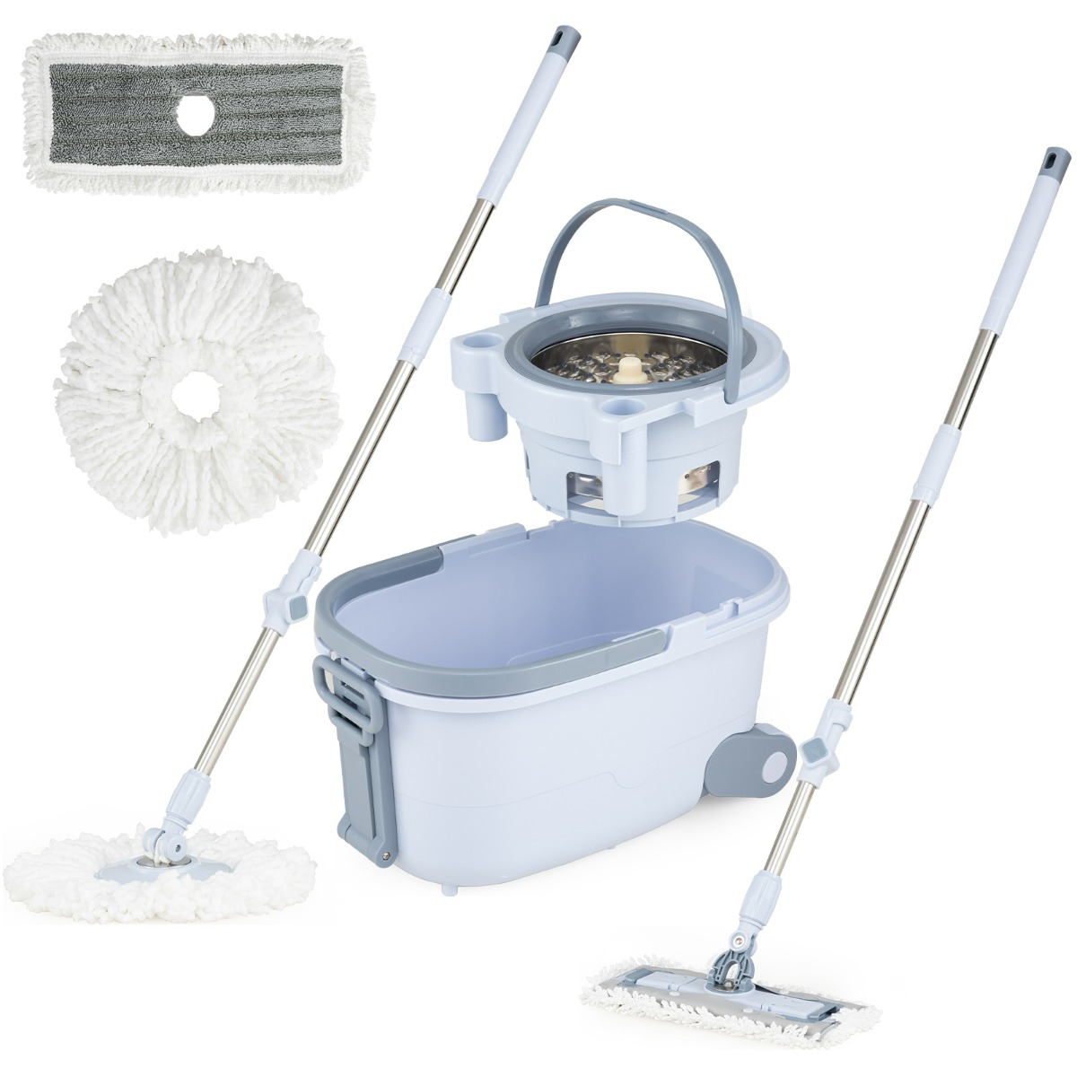 Costway Set mocio e secchio con lavaggio senza mani e design a doppio serbatoio, Set mocio e secchio con potente assorbimento Blu