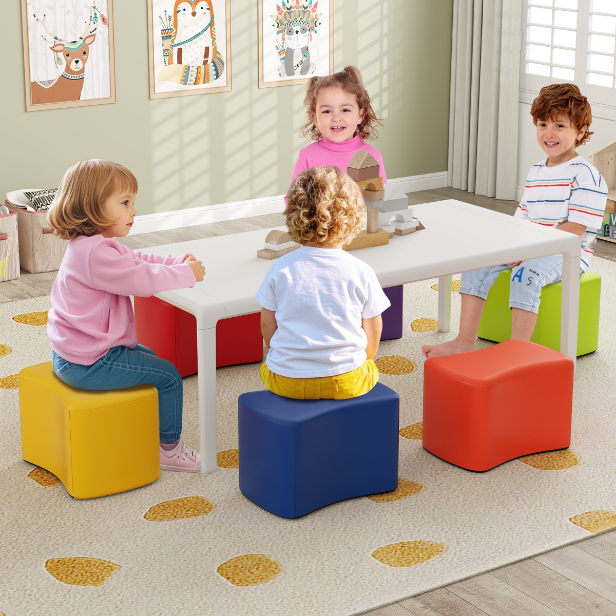 Costway Set di sgabelli modulari per bambini 6 sgabelli a forma di farfalla con copertura, Sgabelli per camere dei bambini e asili