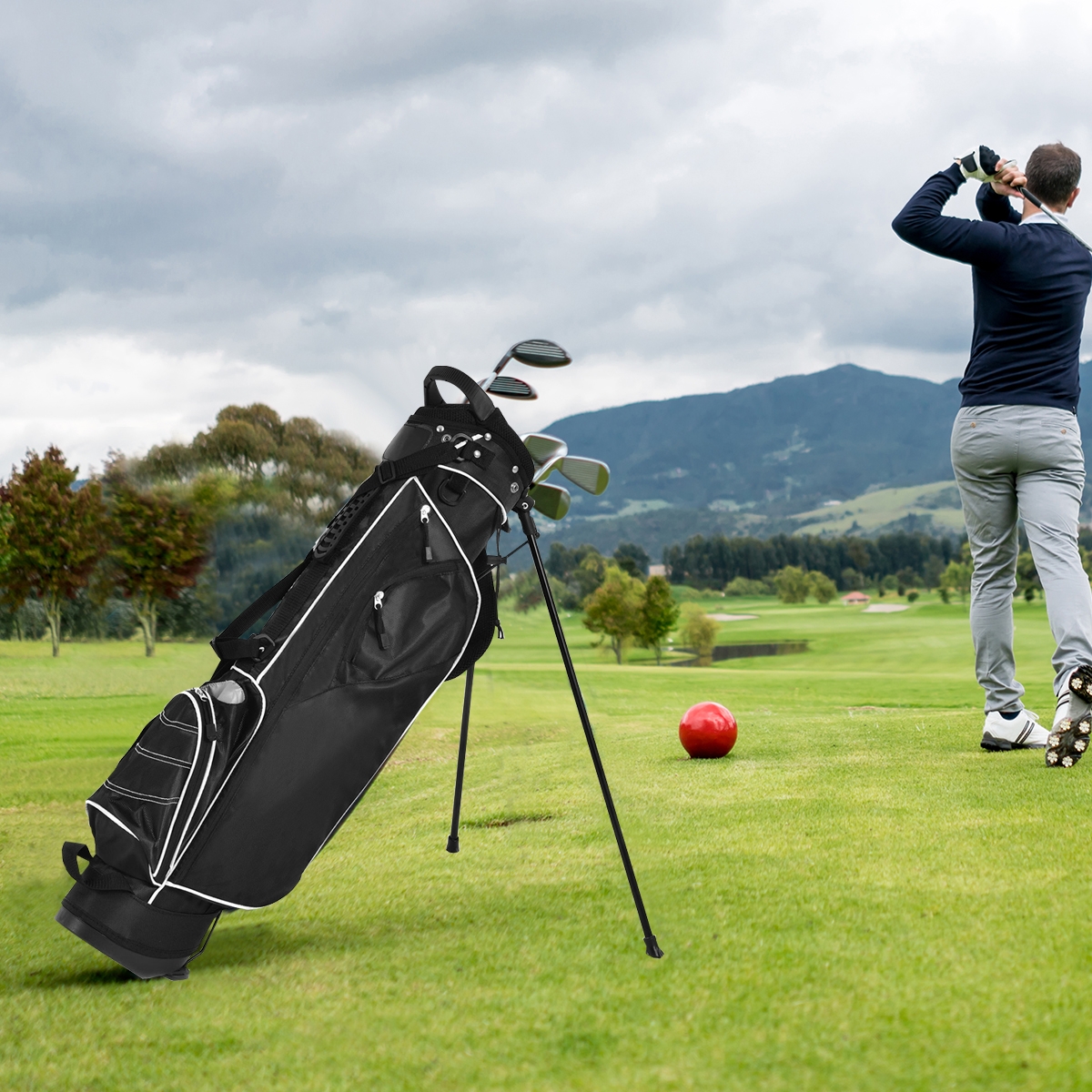 Costway Sacca da golf stand tessuto in poliestere borsa da golf con cavalletto con manici e tracolla Nero