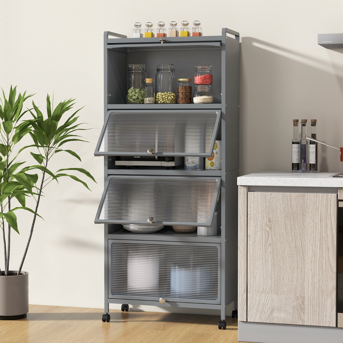 Costway Supporto mobile con porte PC a scomparsa, Armadio da cucina autoportante con 4 ruote girevoli 60x32x154cm Grigio