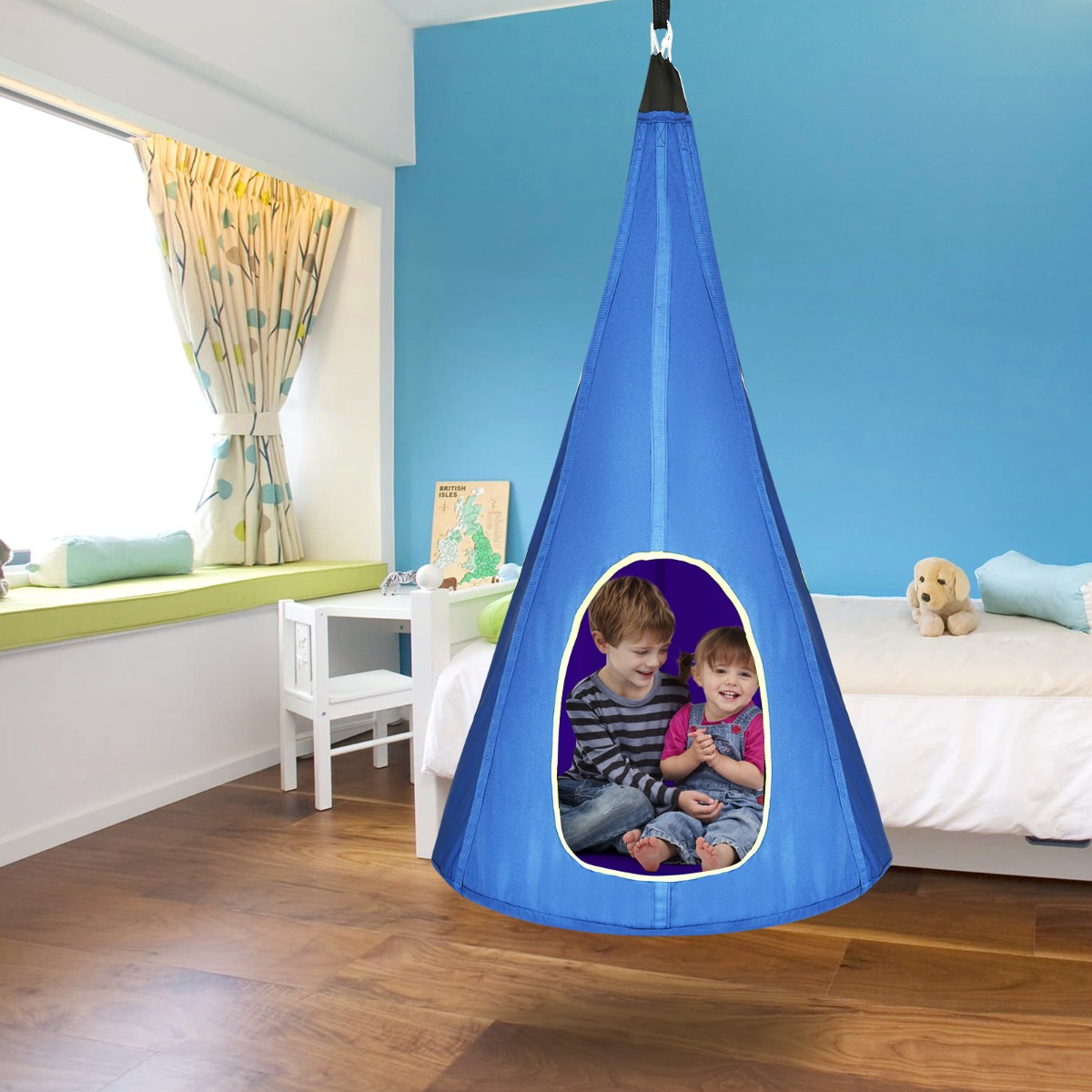 Costway Tenda ad albero per bambini per interno esterno, Altalena tenda staccabile con 2 finestre peep corda regolabile Blu
