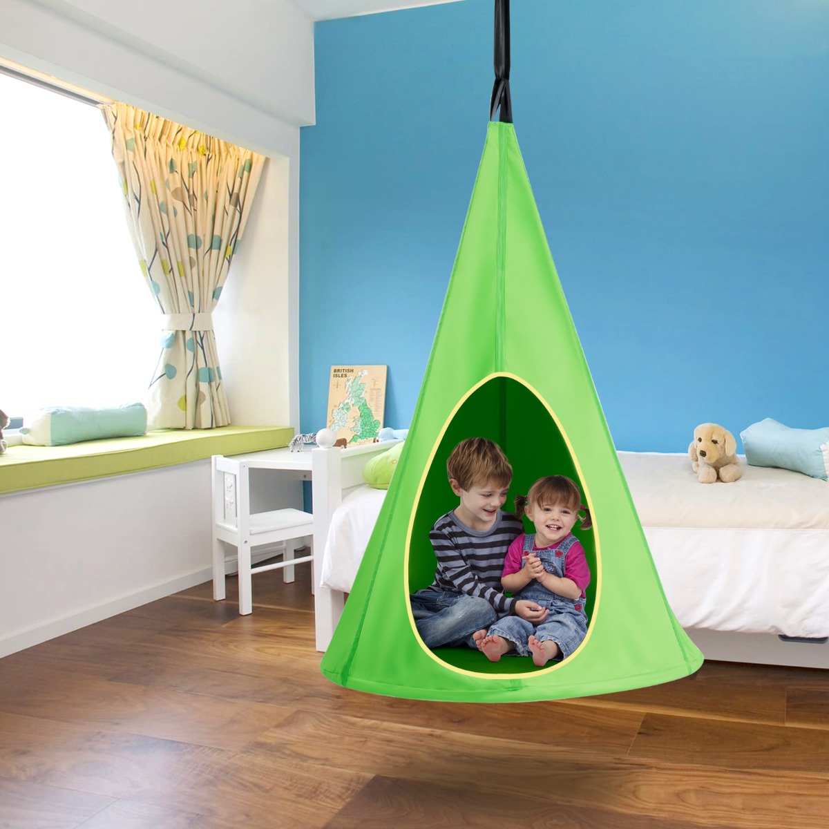 Costway Tenda ad albero per bambini per interno esterno, Altalena tenda staccabile con 2 finestre peep corda regolabile Verde
