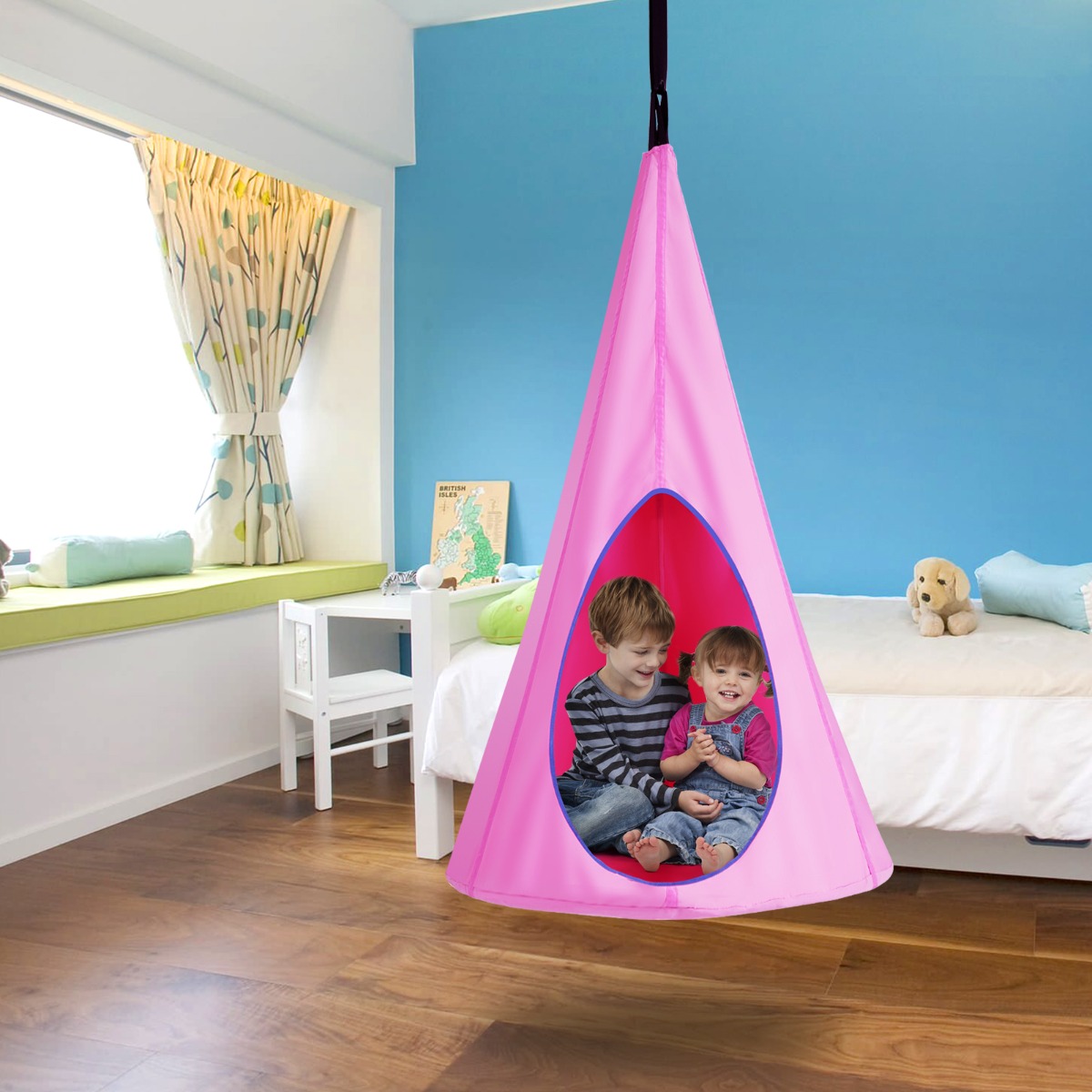 Costway Tenda ad albero per bambini per interno esterno, Altalena tenda staccabile con 2 finestre peep corda regolabile Rosa