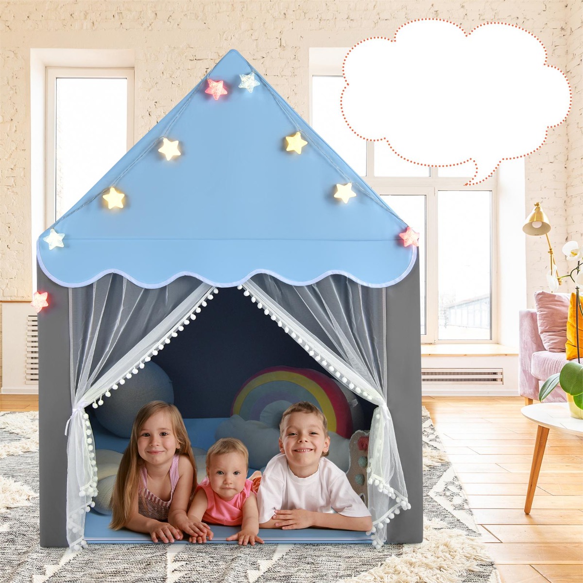 Costway Tenda da gioco per bambini con tappetino lavabile, Tenda castello fatato con luci a forma di stella Blu