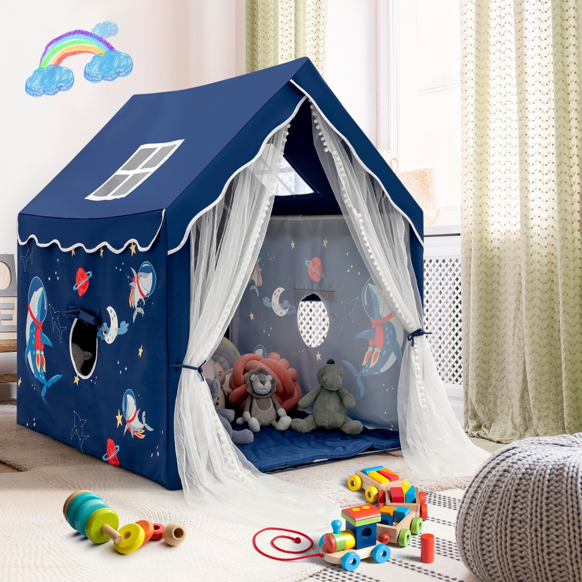 Costway Tenda da gioco con tappetino imbottito rimovibile, Casetta per bambini per interno 121 cmx105cmx137cm Blu