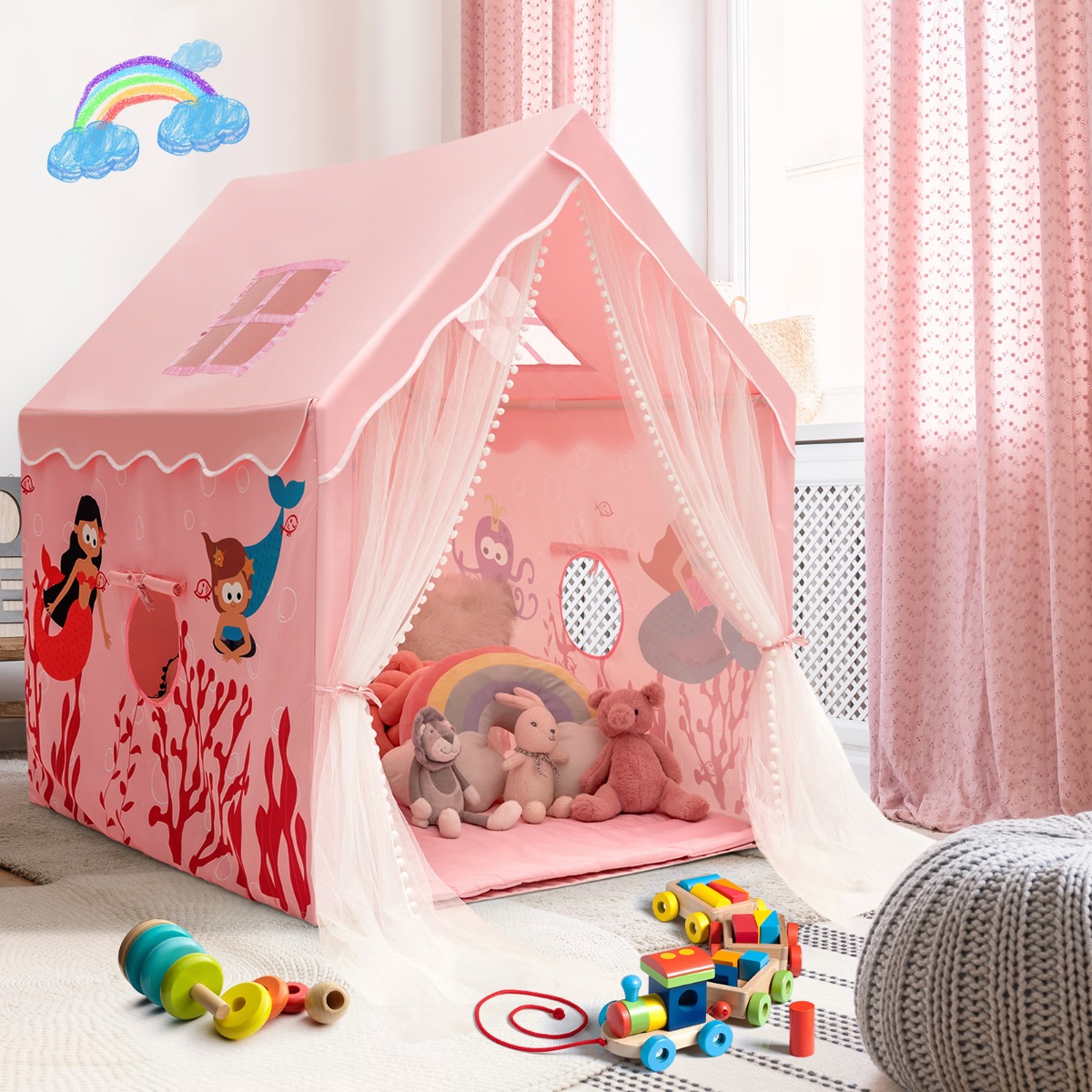 Costway Tenda da gioco con tappetino imbottito rimovibile, Casetta per bambini per interno 121 cmx105cmx137cm Rosa