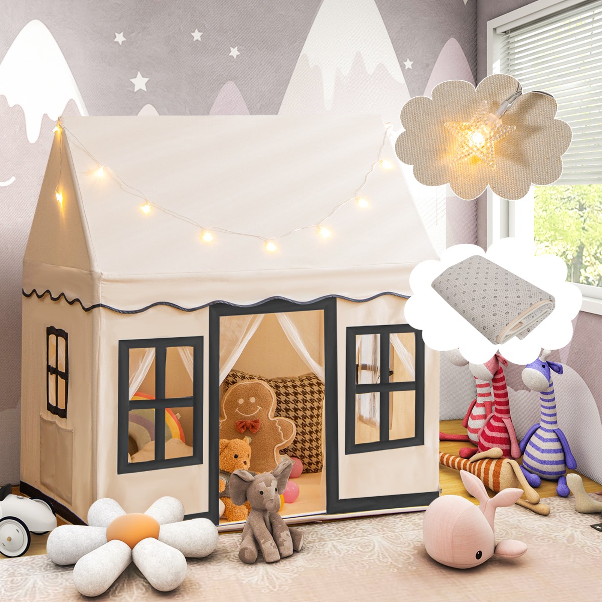 Costway Tenda da gioco per bambini con luci a stella tappetino in velluto lavabile, Casetta per interni ed esterni Beige