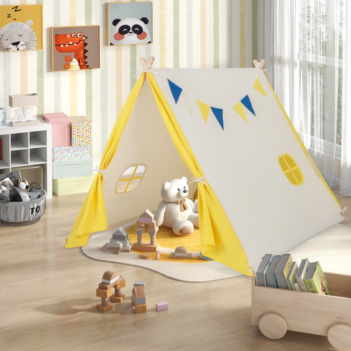 Costway Tenda da gioco per bambini con struttura in legno massiccio, Casa triangolare con bandiere decorative Beige