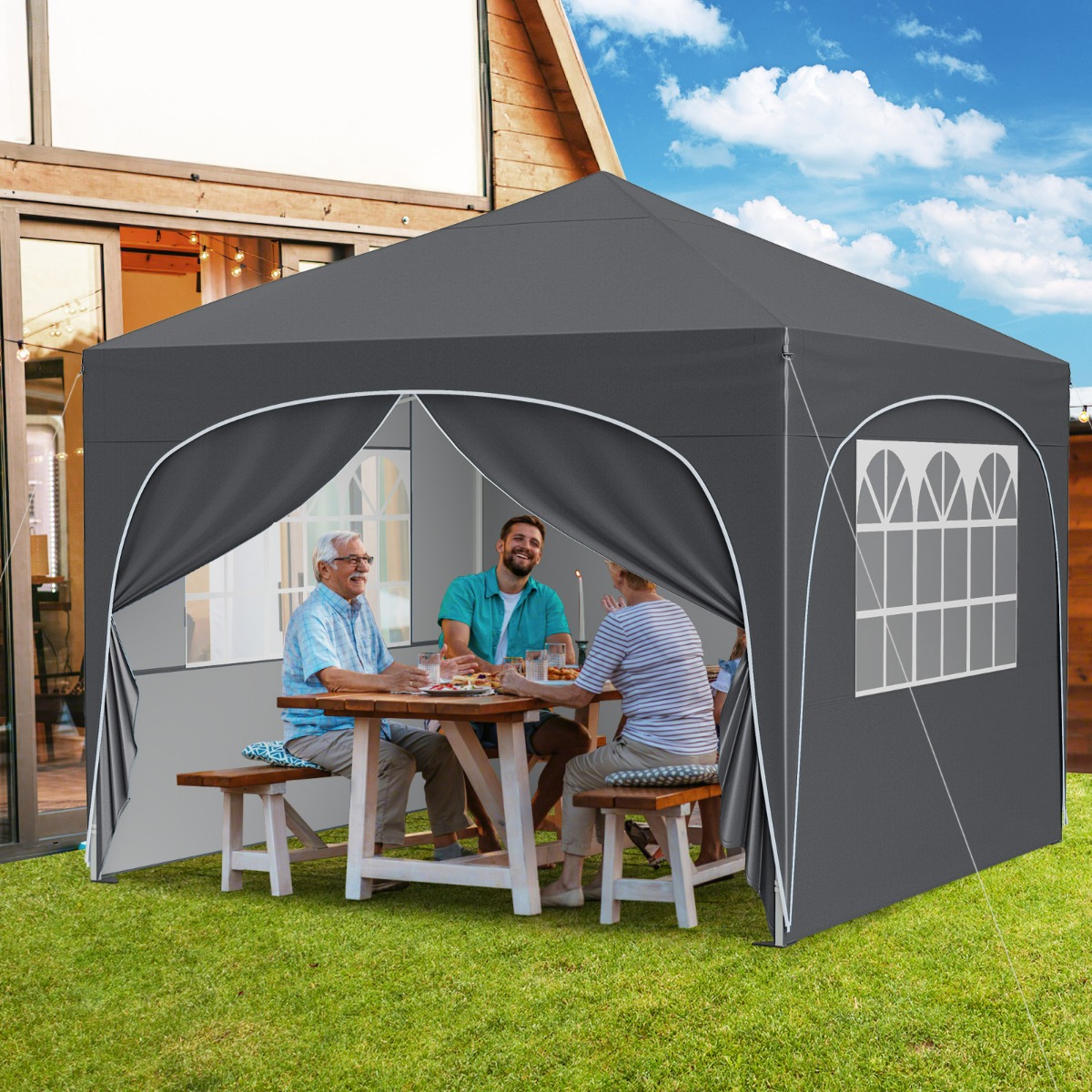 Costway Tenda gazebo richiudibile con 4 pareti rimovibili 3x3 m borsa con ruote, Riparo sole da spiaggia pieghevole Grigio