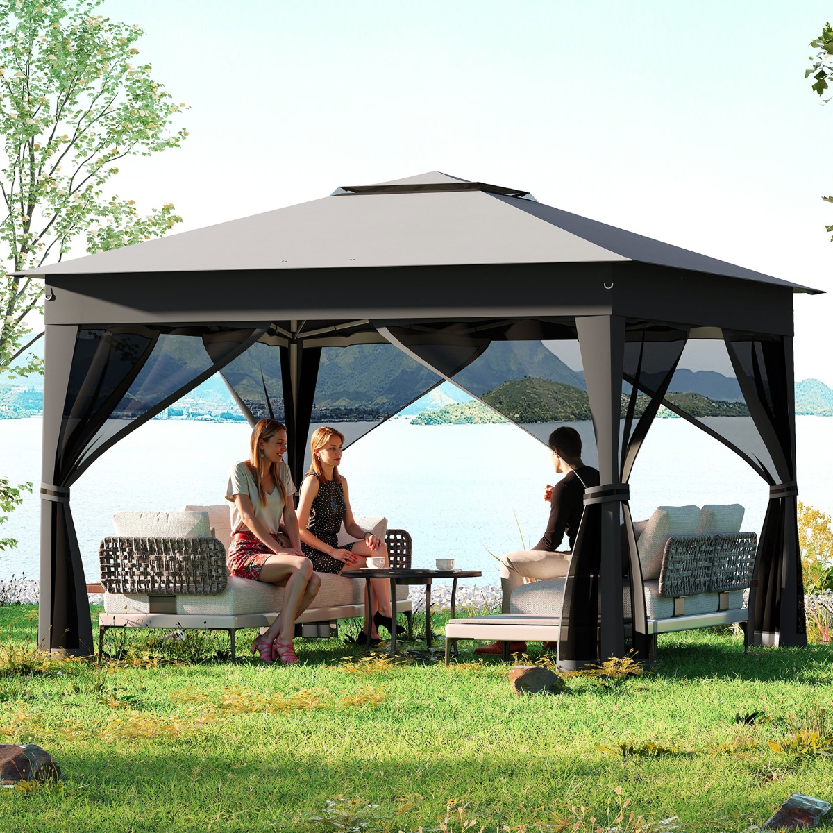 Costway Tenda pop-up esterno con zanzariera schermo per esterni, Tenda pop-up esterno 338 x 338 cm a 2 tetti Grigio