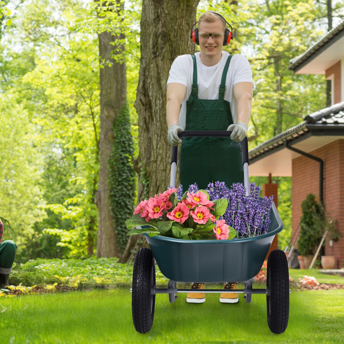 Costway Carriola da giardino con 2 ruote e struttura in acciaio, Carrello resistente con capacità di carico 100kg Verde