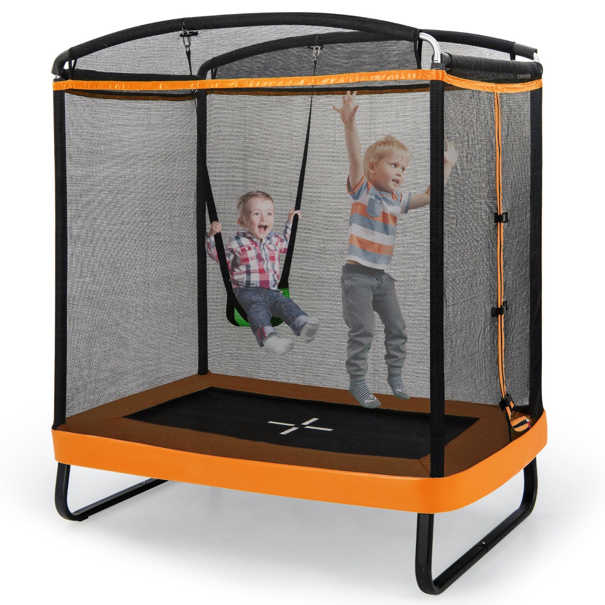 Costway Trampolino rettangolare per bambini con altalena rete di sicurezza, Trampolino elastico da esterno da 190cm Arancione