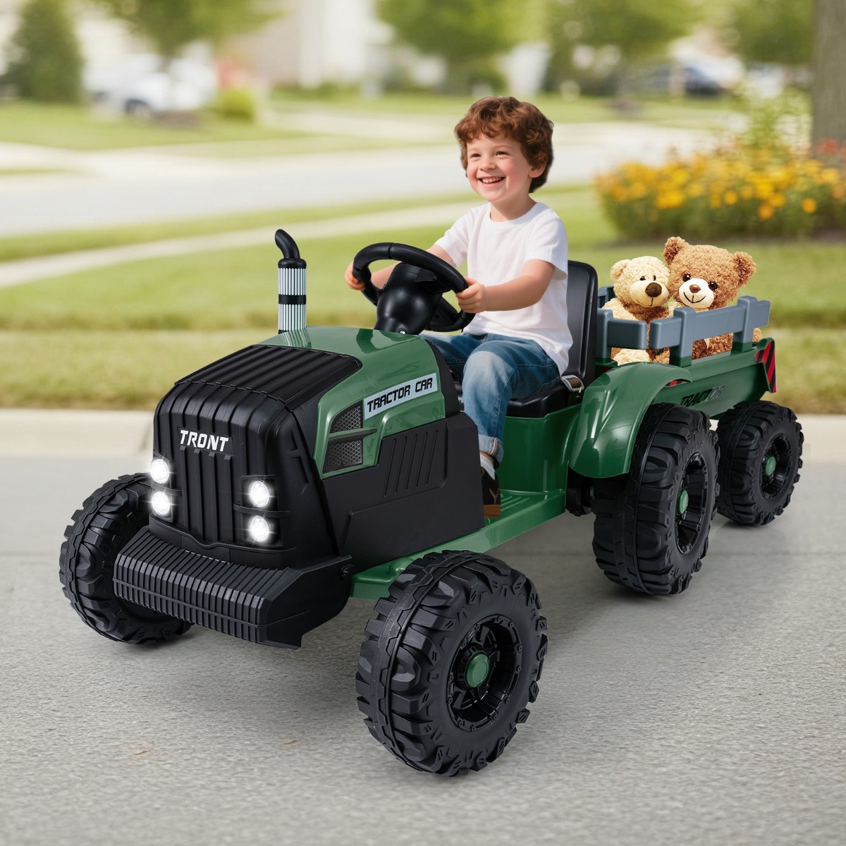 Costway Trattore a pedali elettrico 24v per bambini veicolo con rimorchio staccabile, Trattore pedali per bambini partenza morbida Verde scuro