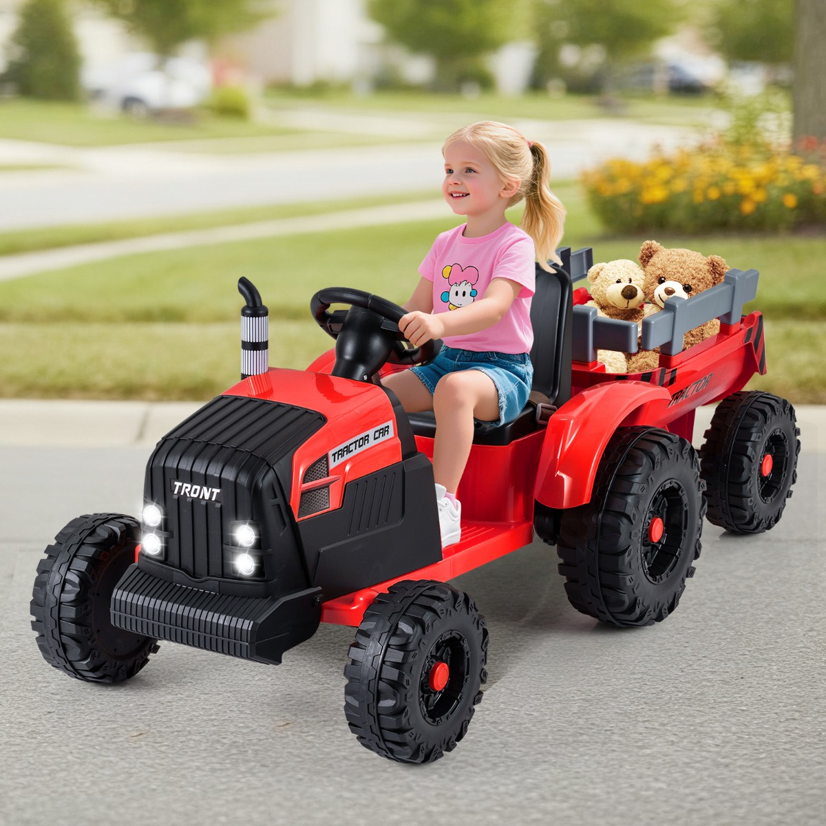 Costway Trattore a pedali elettrico 24v per bambini veicolo con rimorchio staccabile, Trattore pedali per bambini partenza morbida Rosso