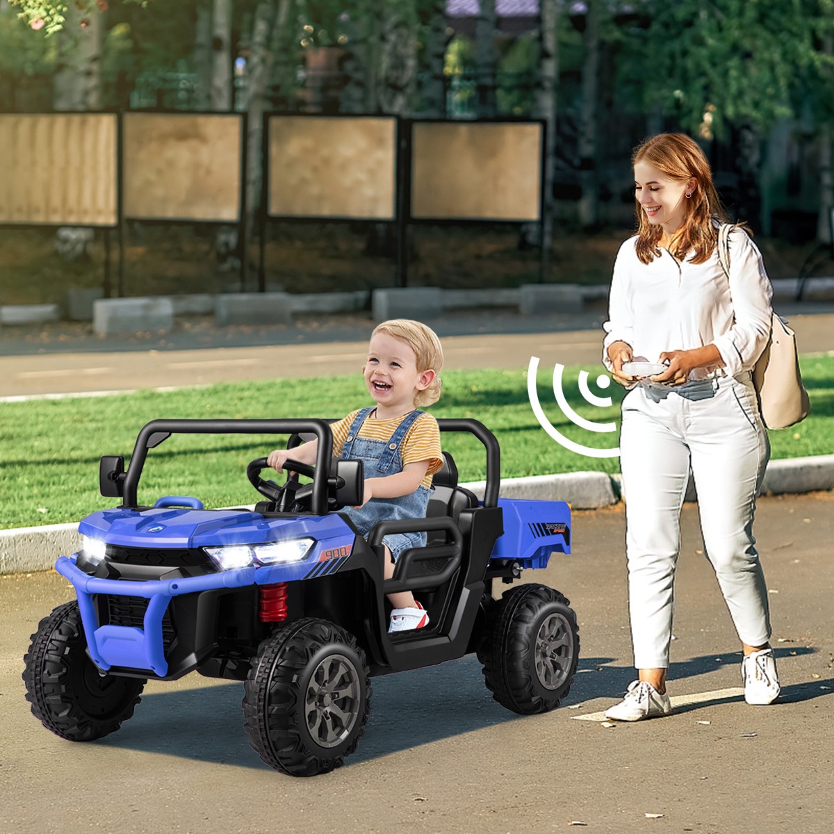 Costway Trattore elettrico giocattolo con letto di scarico 2.4G telecomando, Trattore giocattolo per bambini Blu