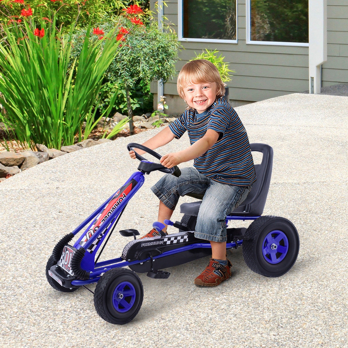 Costway Go Kart per bambini a pedali regolabile Go kart con sedile in PP 98x59x61cm Blu