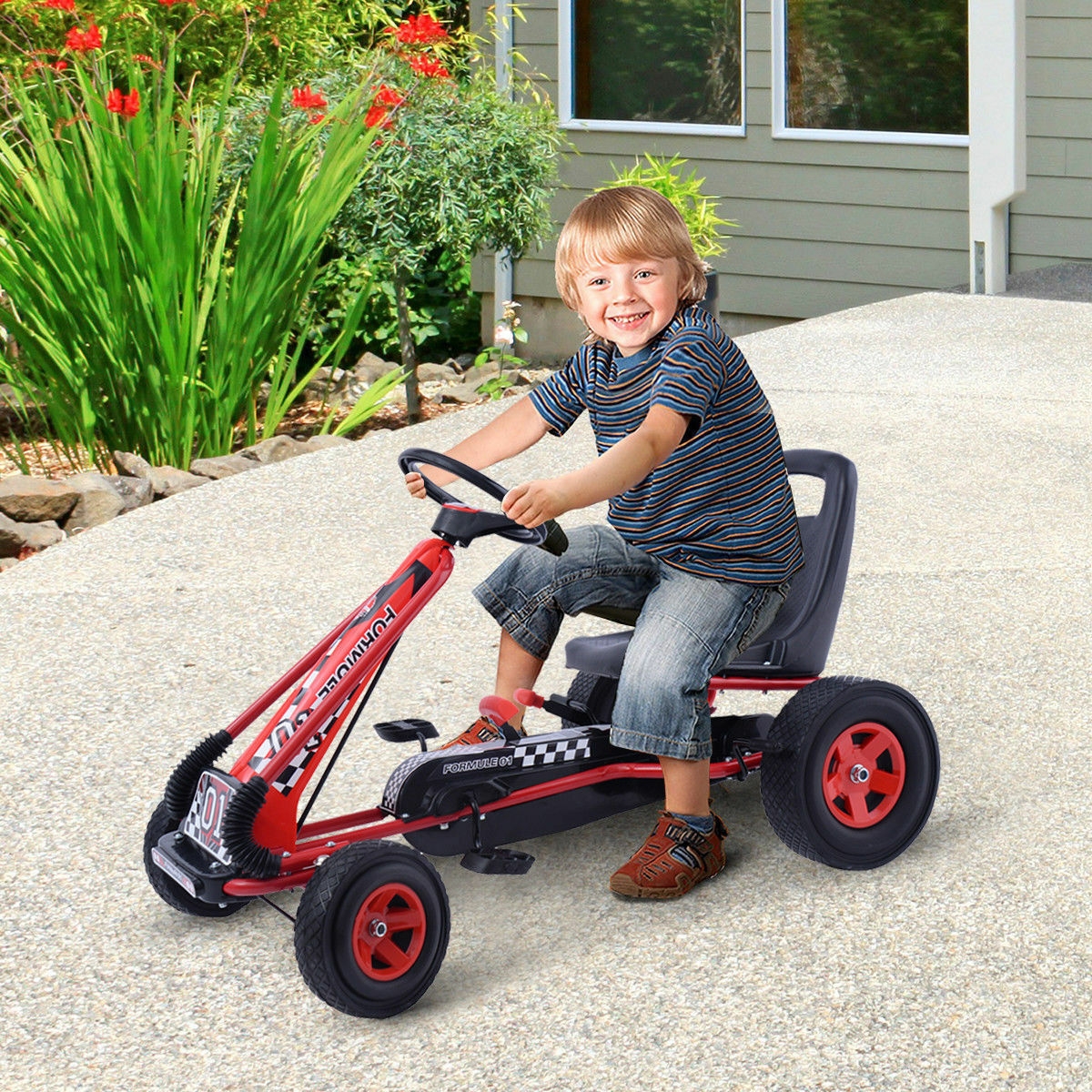 Costway Go Kart per bambini a pedali regolabile Go kart con sedile in PP 98x59x61cm Rosso
