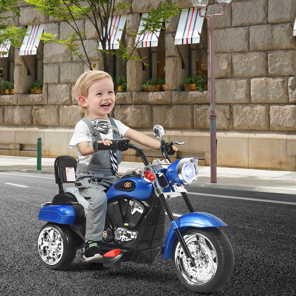 Costway Moto in stile chopper per bambini e bambine, Moto cavalcabile alimentata a batteria Blu