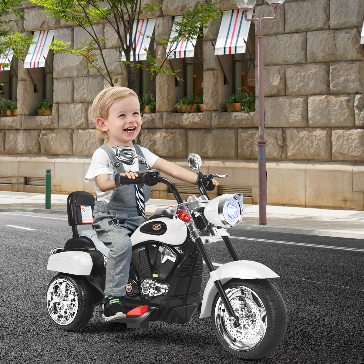 Costway Moto in stile chopper per bambini e bambine, Moto cavalcabile alimentata a batteria Bianco