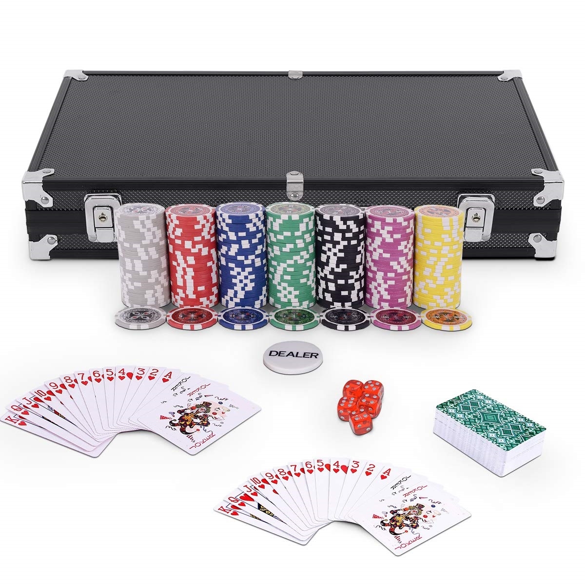 Costway Set poker chips casino con dadi da gioco 300 pz e custodia in alluminio, Set fiches dadi e carte da poker Nero