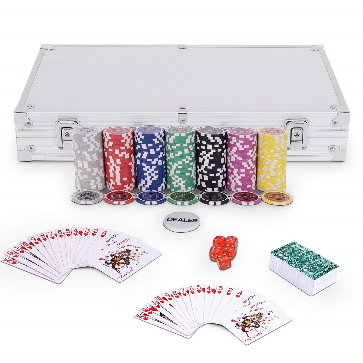 Costway Set poker chips casino con dadi da gioco 300 pz e custodia in alluminio, Set fiches dadi e carte da poker Argento