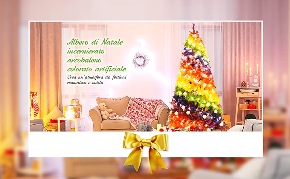 Albero di Natale 210 cm, 1213 rami, Abete artificiale arcobaleno con base  solida di metallo, Multicolore - Costway