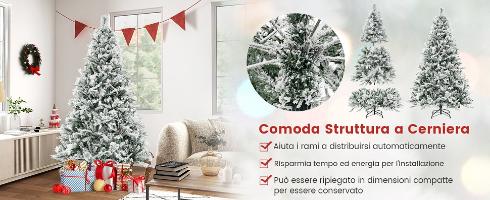 COSTWAY Albero Di Natale Floccato Rosa 185 Cm – 350 Luci LED Con 8 Modalità
