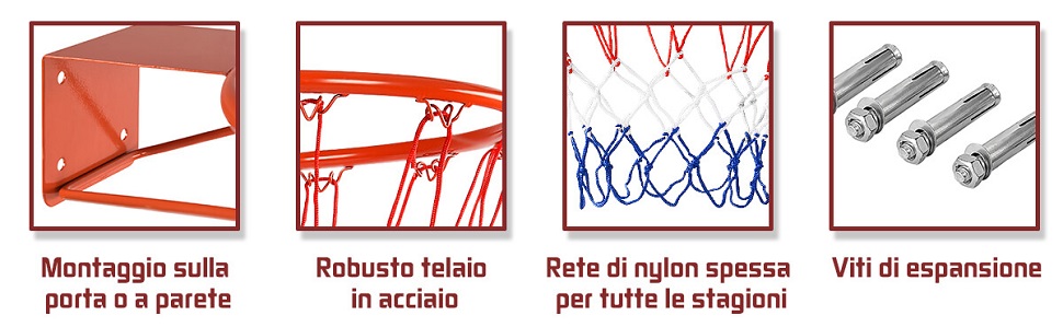 Set Anello Da Basket Con Palla E Rete – Molti HangRing 45 Cm, Ferro Inox, Per Interni/Esterni, Con Viti Fissaggio