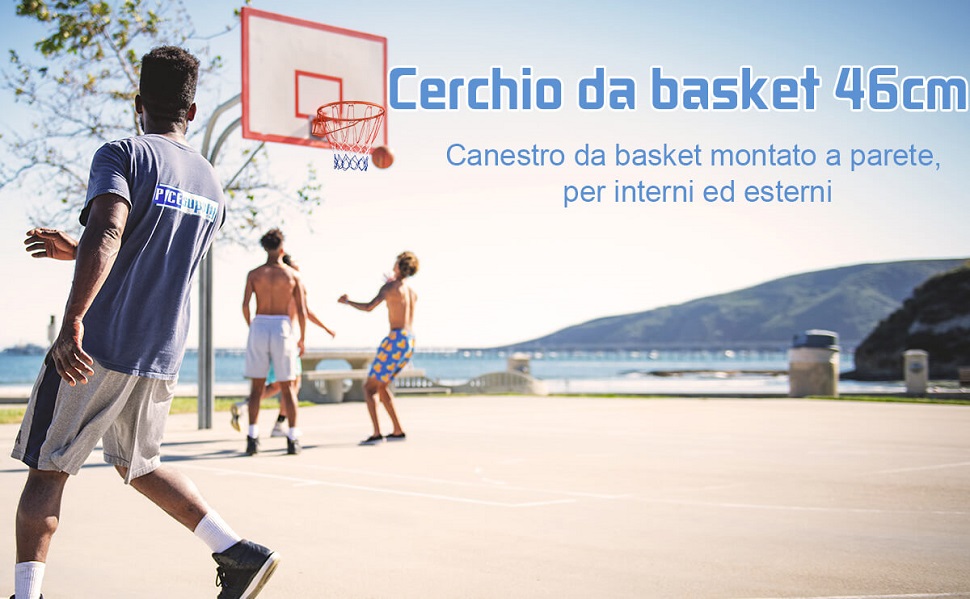 molti Canestro da basket, 45 cm, montaggio a parete, anello da basket con meccanismo di inclinazione a rete, con molle certificate, inclinabile, per esterni e interni