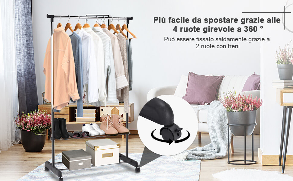 Stand Appendiabiti Doppia Asta Altezza Regolabile Ruote Girevoli E Poggia Scarpe 8435666364685