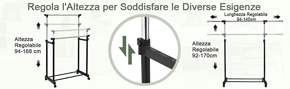 Scaffale appendiabiti estraibile per sendibiancheria in acciaio  148/210x35x180cm Nero - Costway